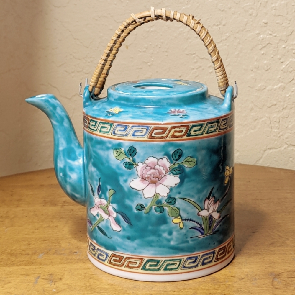 CHINESE TEAPOT Teal Green with Bamboo Handles
